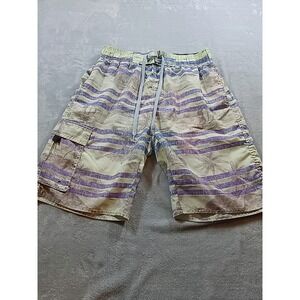Stillwater‎ Supply Co Mens Swim Trunks Tropical Palm Stripe Green M Cargo Pocket